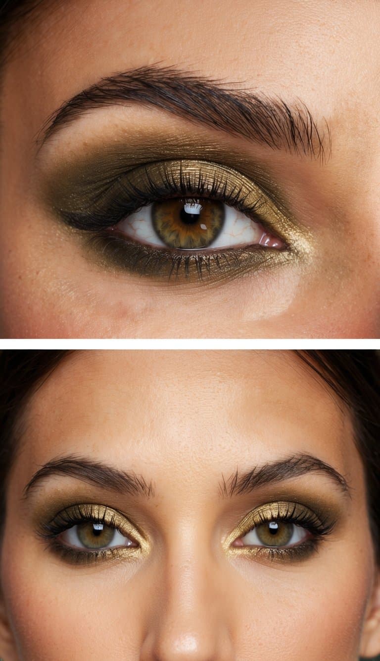A close-up of an eye with olive green shadow and warm highlight, perfect for a sophisticated night out