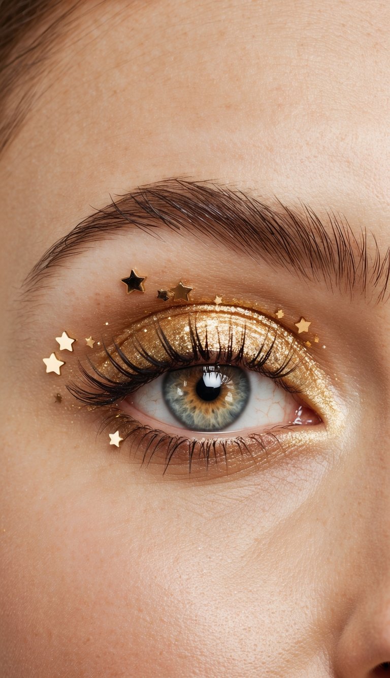 Golden shimmer with subtle star details on eyelids, creating a playful and cute eye makeup look