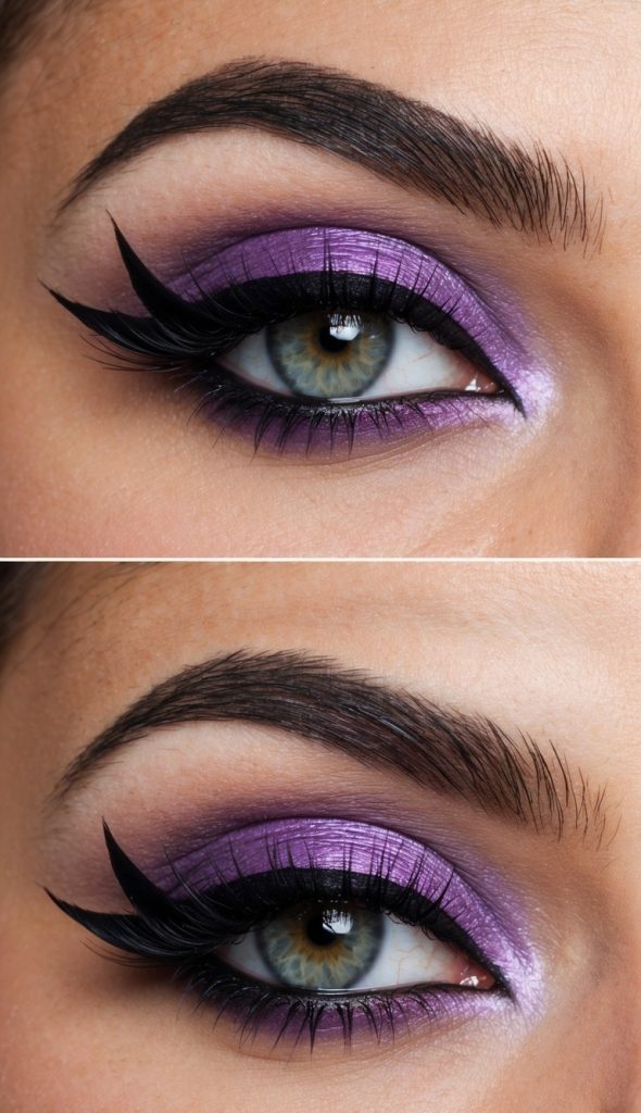 Close-up of an eye with dramatic makeup, featuring purple eyeshadow and thick, winged eyeliner.