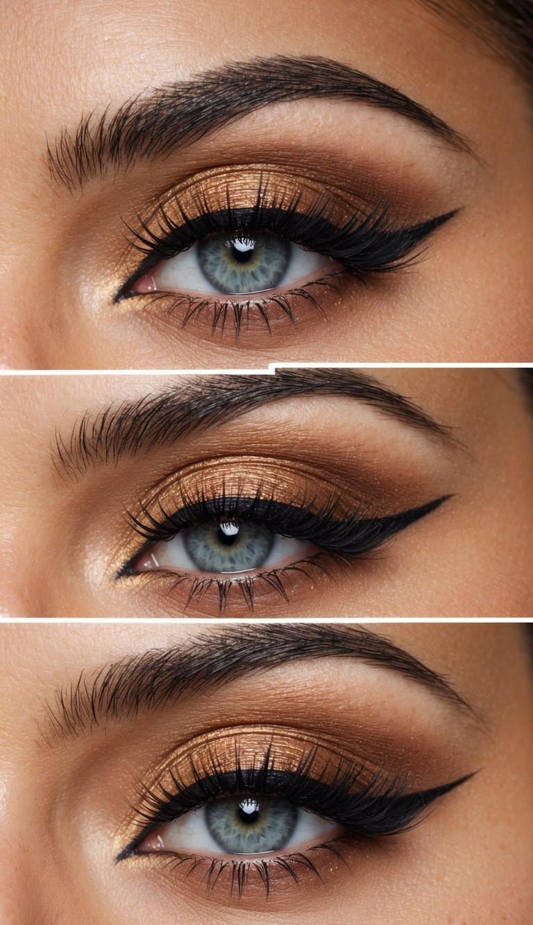 A close-up of a bronzed eyeshadow look with winged eyeliner, creating a sophisticated and glamorous evening makeup look