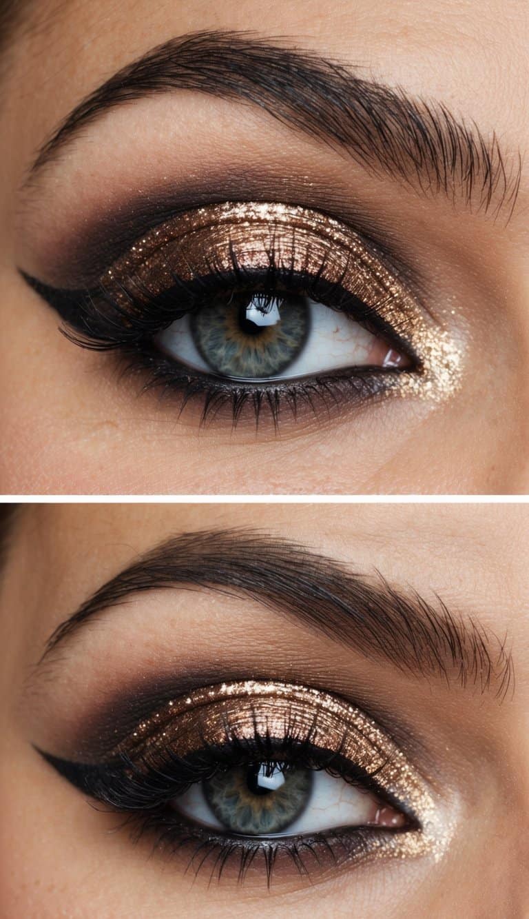 A close-up view of an eye with smokey eyeshadow and rose gold sparkle, creating a sophisticated evening makeup look