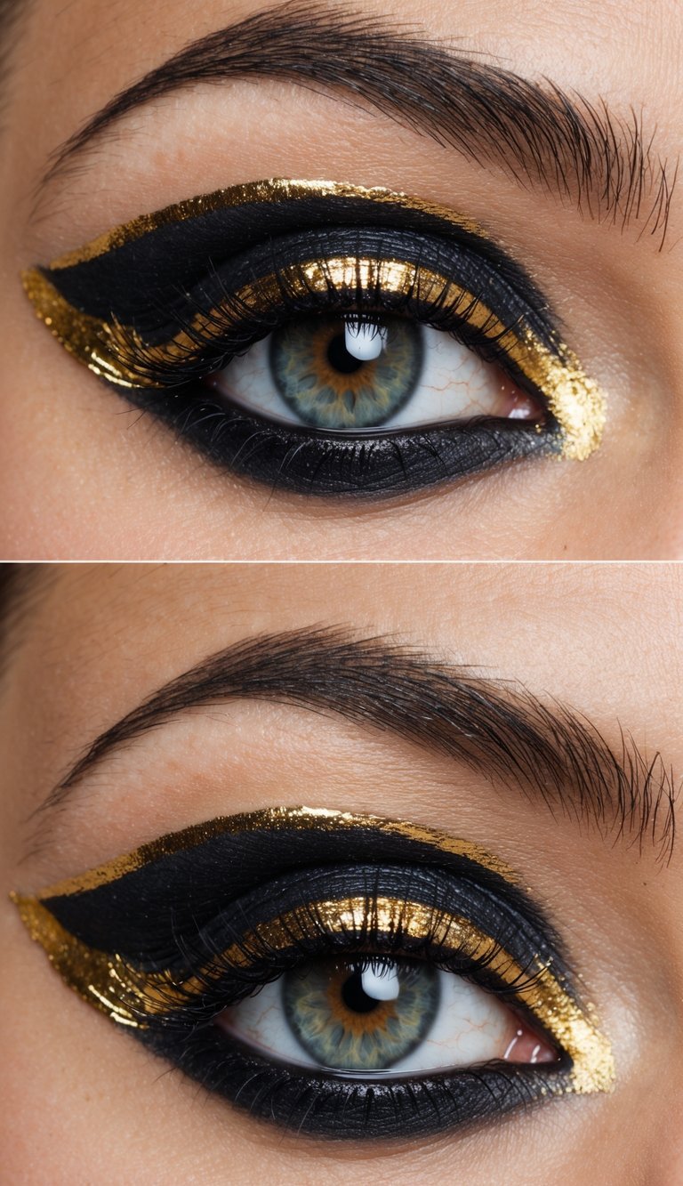 A close-up of an eye with gold foil accents on the inner corners, creating a dramatic and attention-commanding makeup look