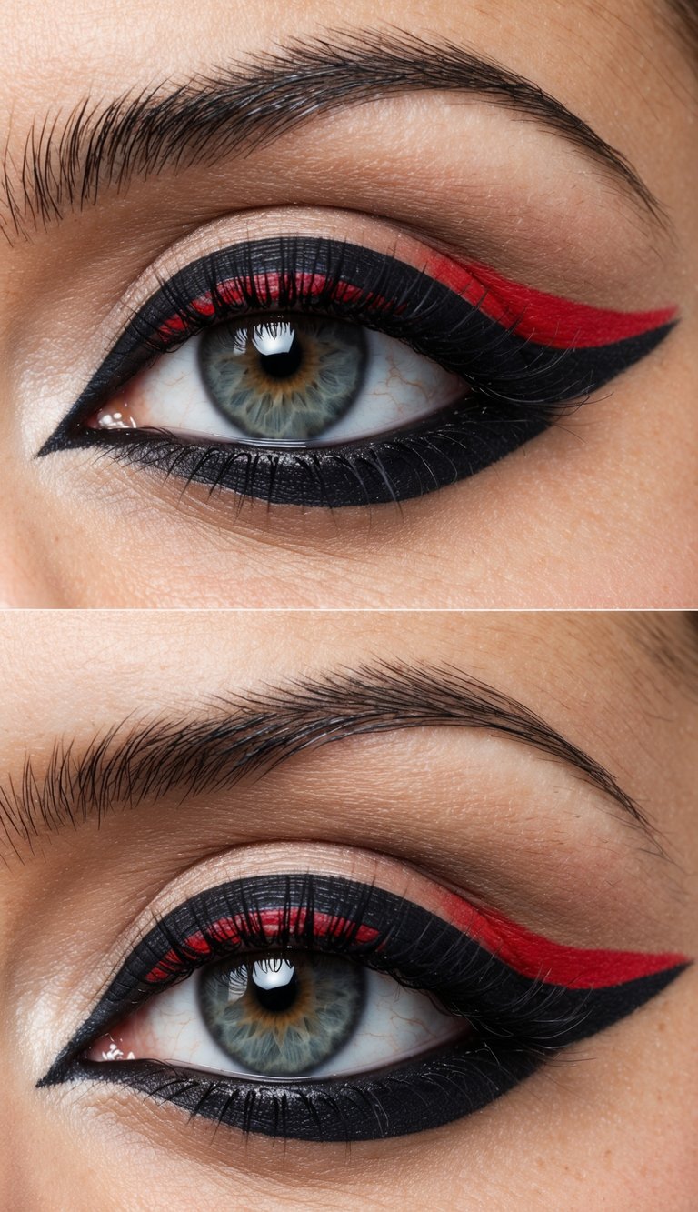 A close-up of a bold red eyeliner look with subtle shadow, creating a dramatic and attention-commanding eye makeup