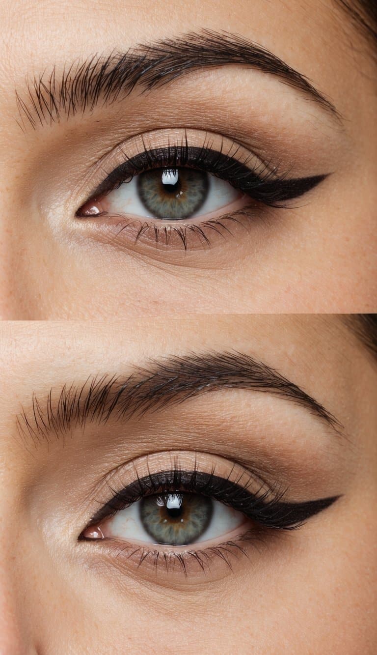 A close-up of an eye with matte beige shadow and dark brown liner, creating a sophisticated evening makeup look