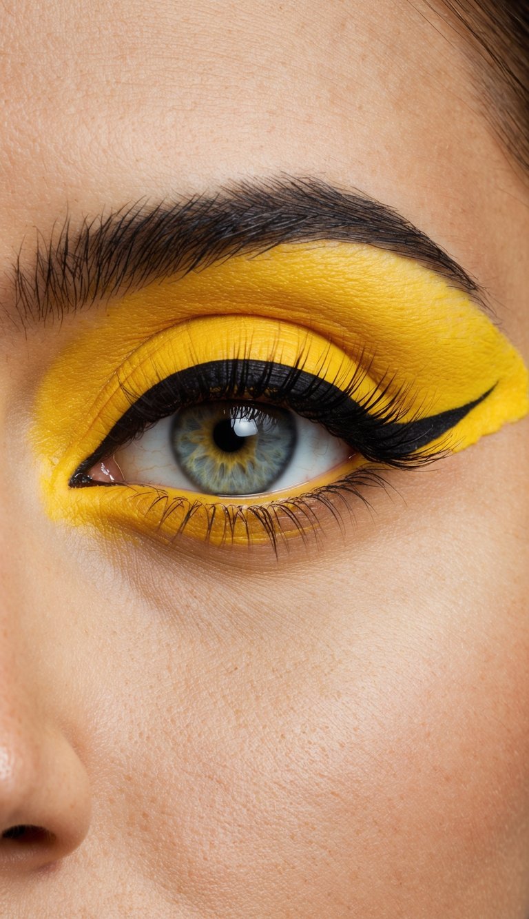 A close-up of a dramatic eye with a sharp cut crease in bright yellow makeup, commanding attention