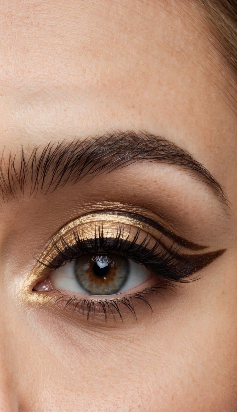 A close-up of a smudged brown eyeliner with subtle gold accents, creating a sophisticated evening eye makeup look