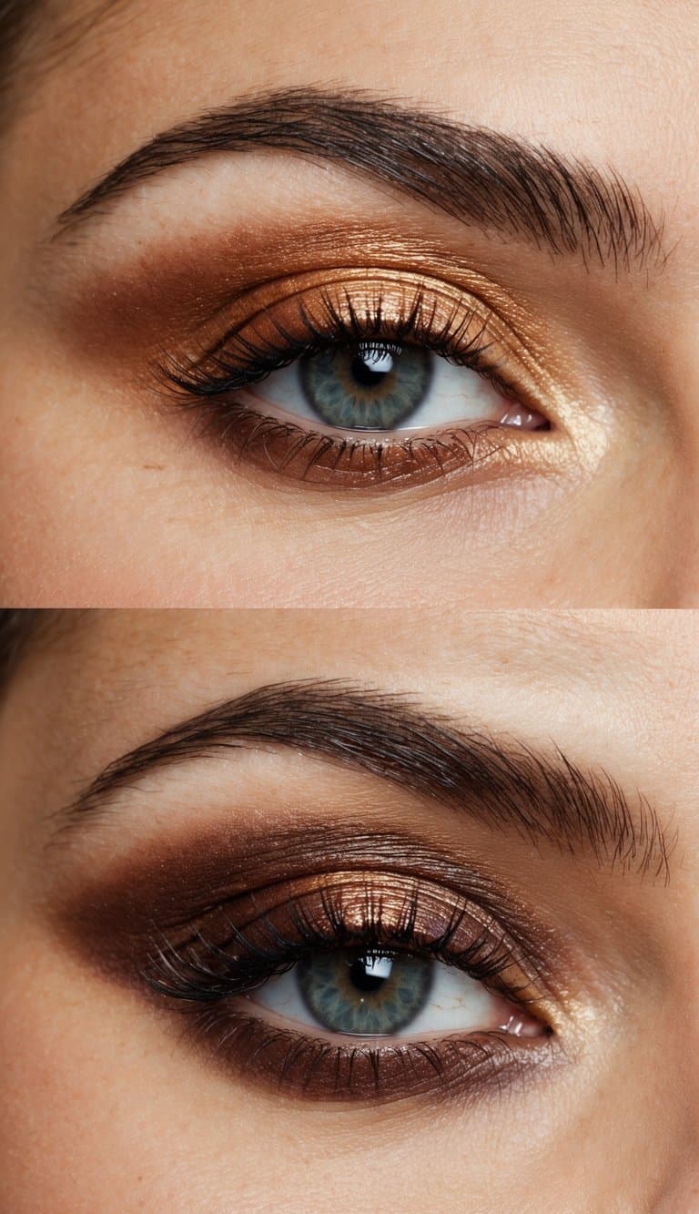 A close-up of two layers of eyeshadow, one copper and one chocolate, blending seamlessly together in a sophisticated evening makeup look