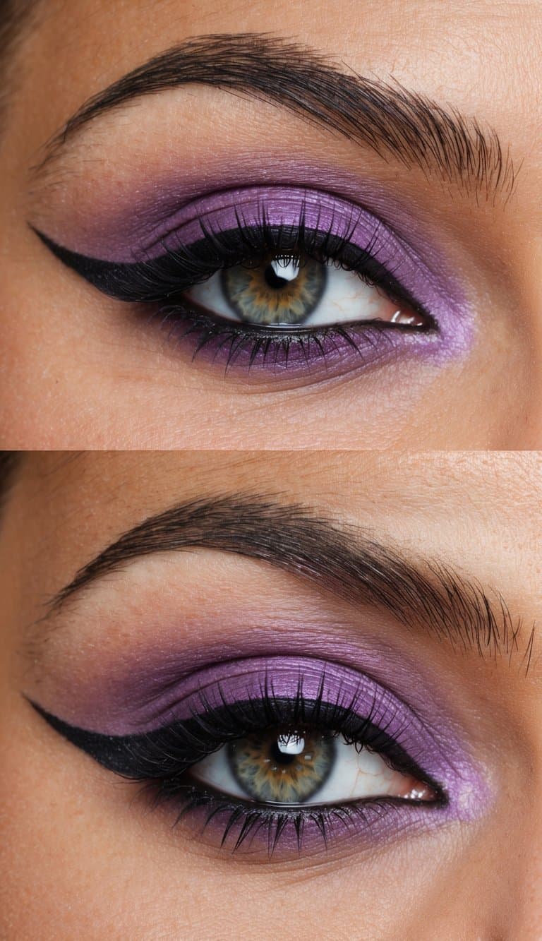 A close-up of a grape purple matte eyeshadow with winged liner, creating a sophisticated evening makeup look