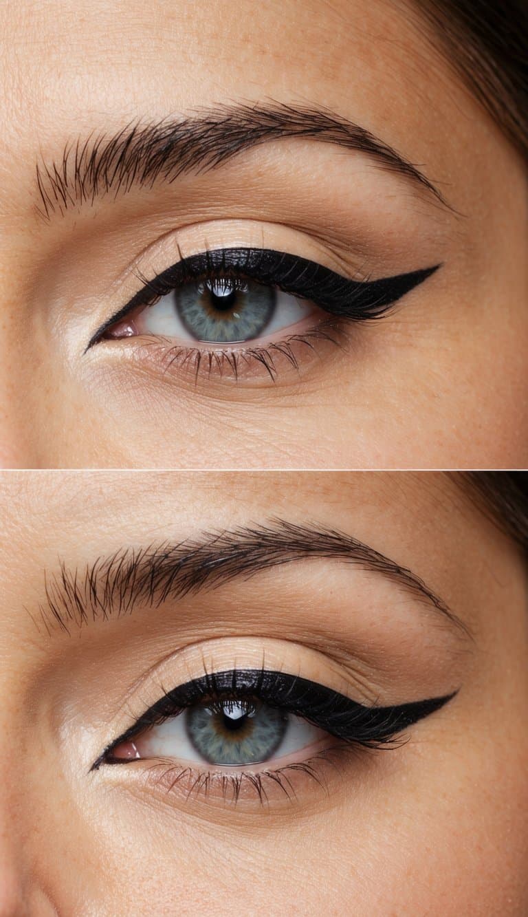 A close-up of a soft cream shadow with bold black liner on the eyelids, creating a sophisticated and elegant evening makeup look