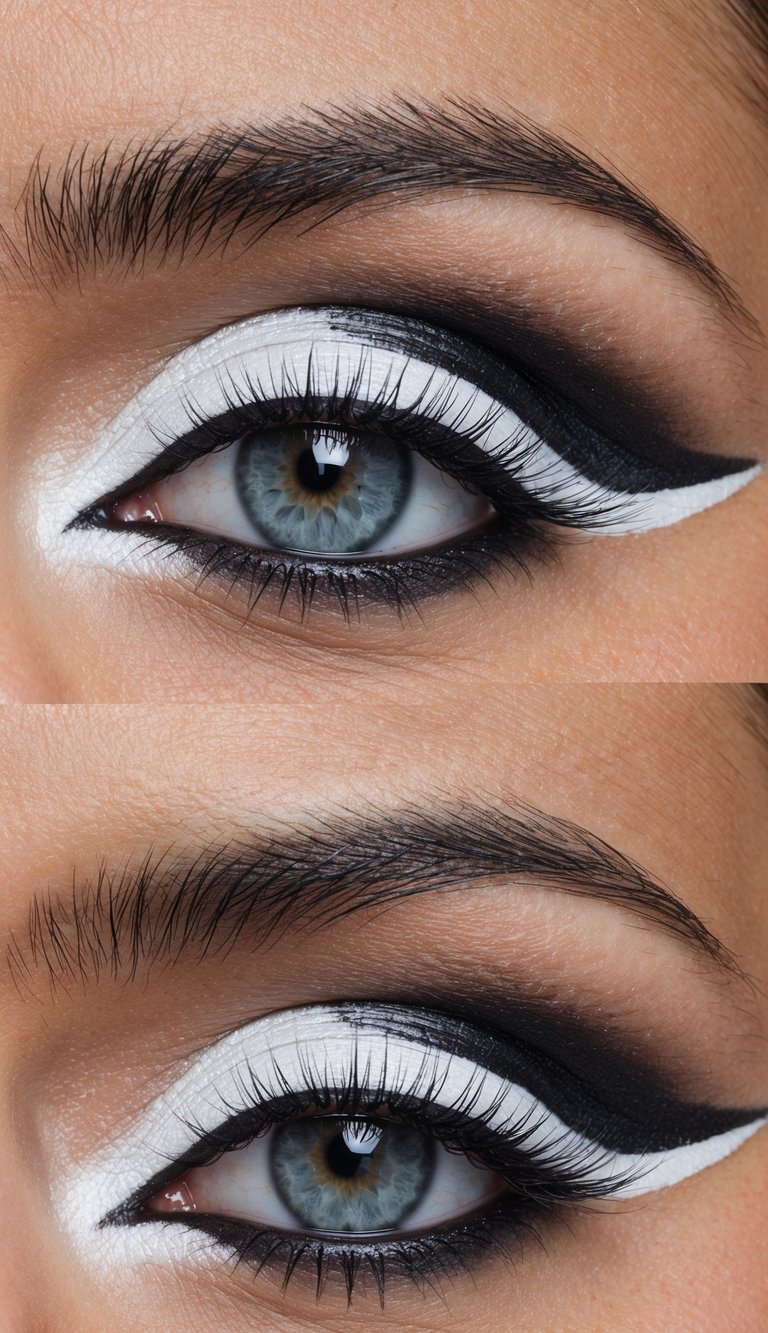 A close-up of an eye with clean white eyeliner on the waterline, surrounded by dramatic eye makeup
