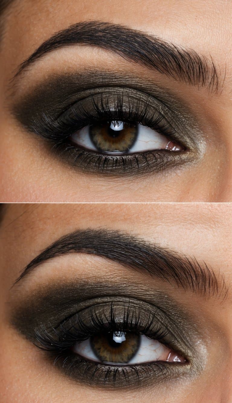 A close-up of a dark olive smokey eye with a matte finish, showcasing the intricate details of the sophisticated evening makeup look