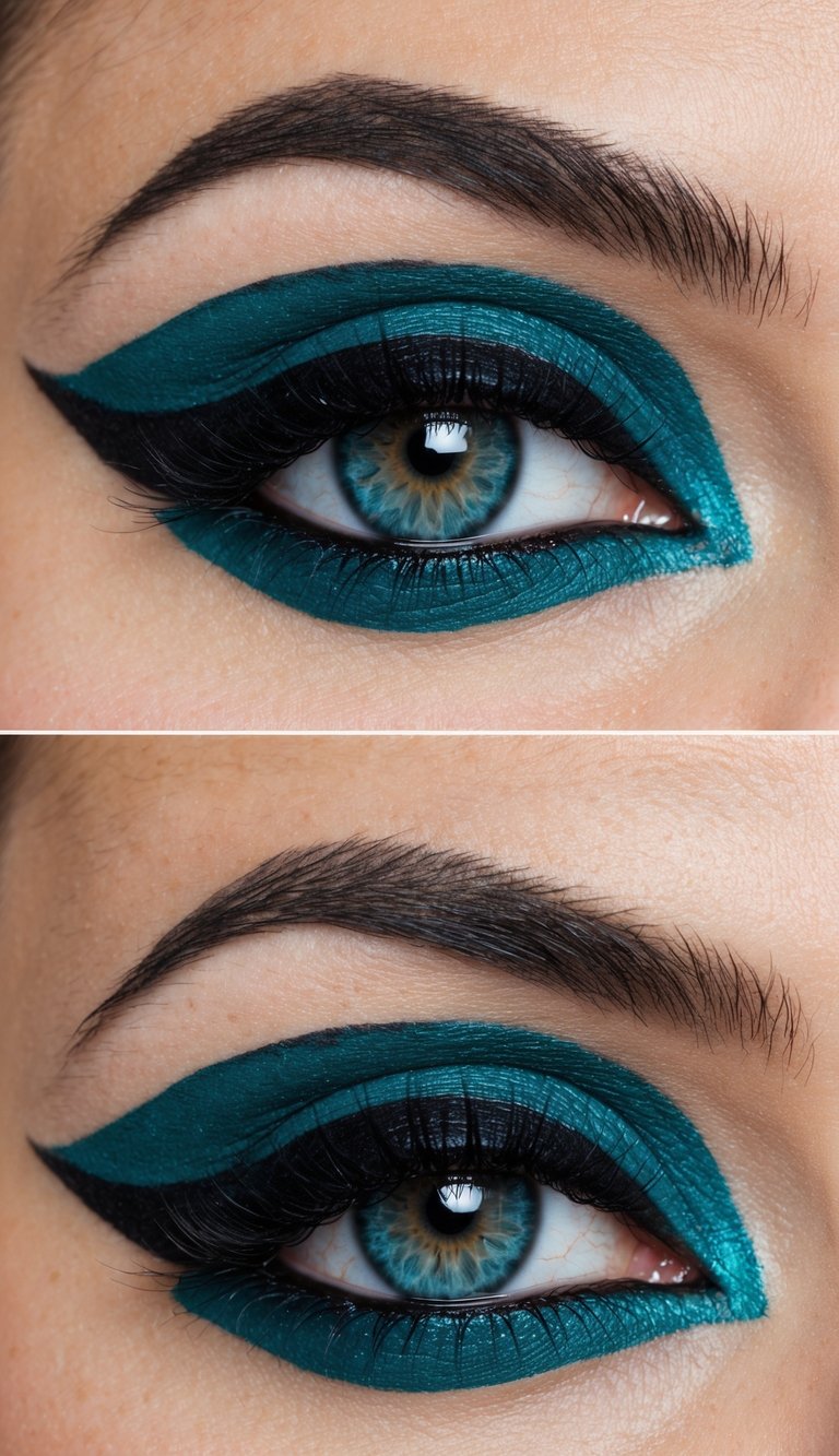 A close-up of a dramatic eye with intense black liner and teal shadow, creating a bold and attention-commanding makeup look