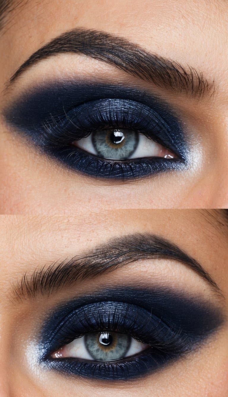 A close-up of a dramatic eye makeup look featuring a smokey eye with a touch of navy blue, perfect for a sophisticated night out
