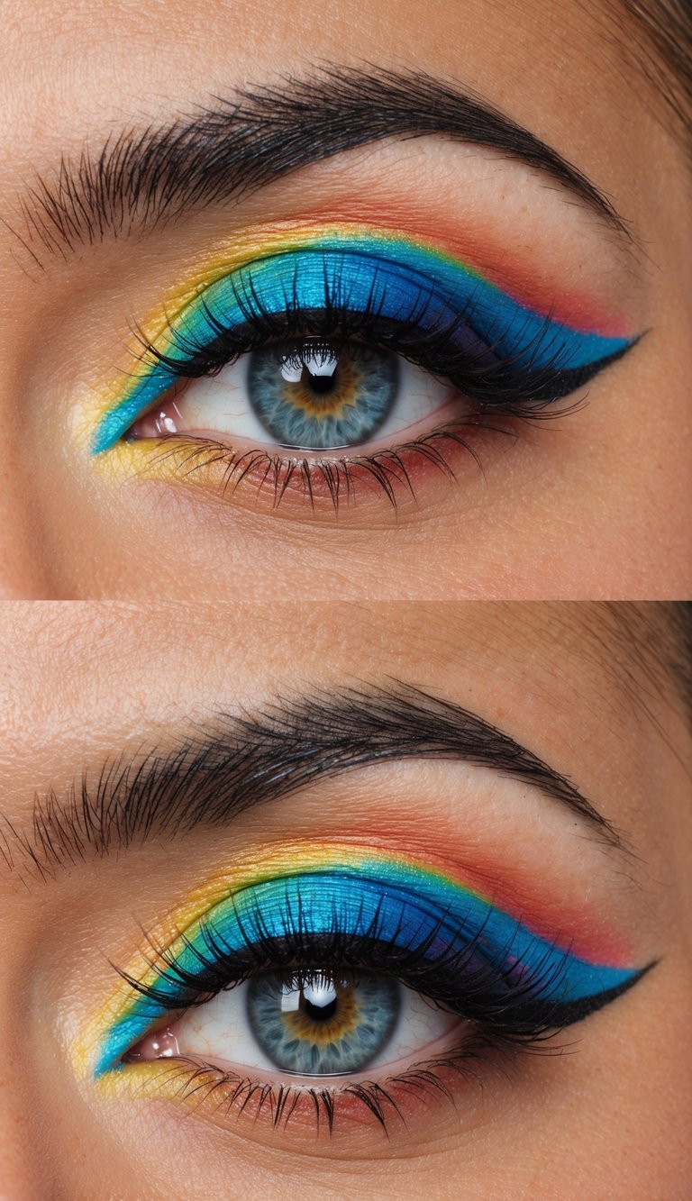A close-up of a dramatic eye with rainbow gradient eyeliner