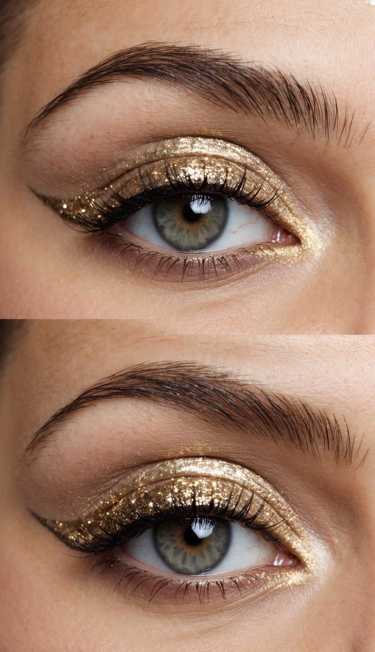 A close-up of an eyelid with light taupe eyeshadow and gold glitter, creating a sophisticated evening makeup look