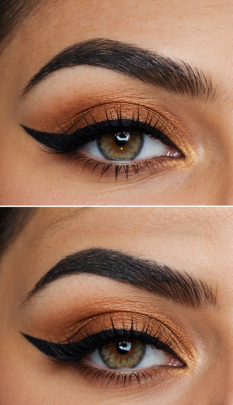 A close-up of a warm rust-colored eyeshadow with a black winged eyeliner, creating a sophisticated evening makeup look