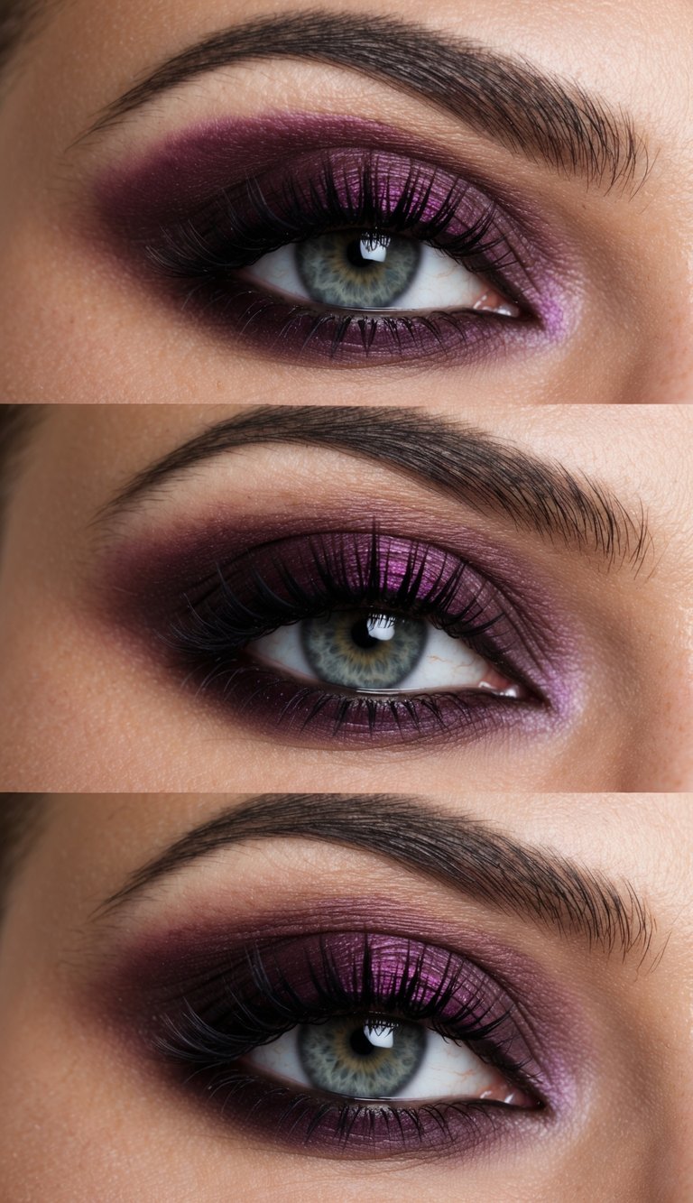 A close-up of a dramatic eye makeup look with burgundy and plum colors, creating a smokey effect