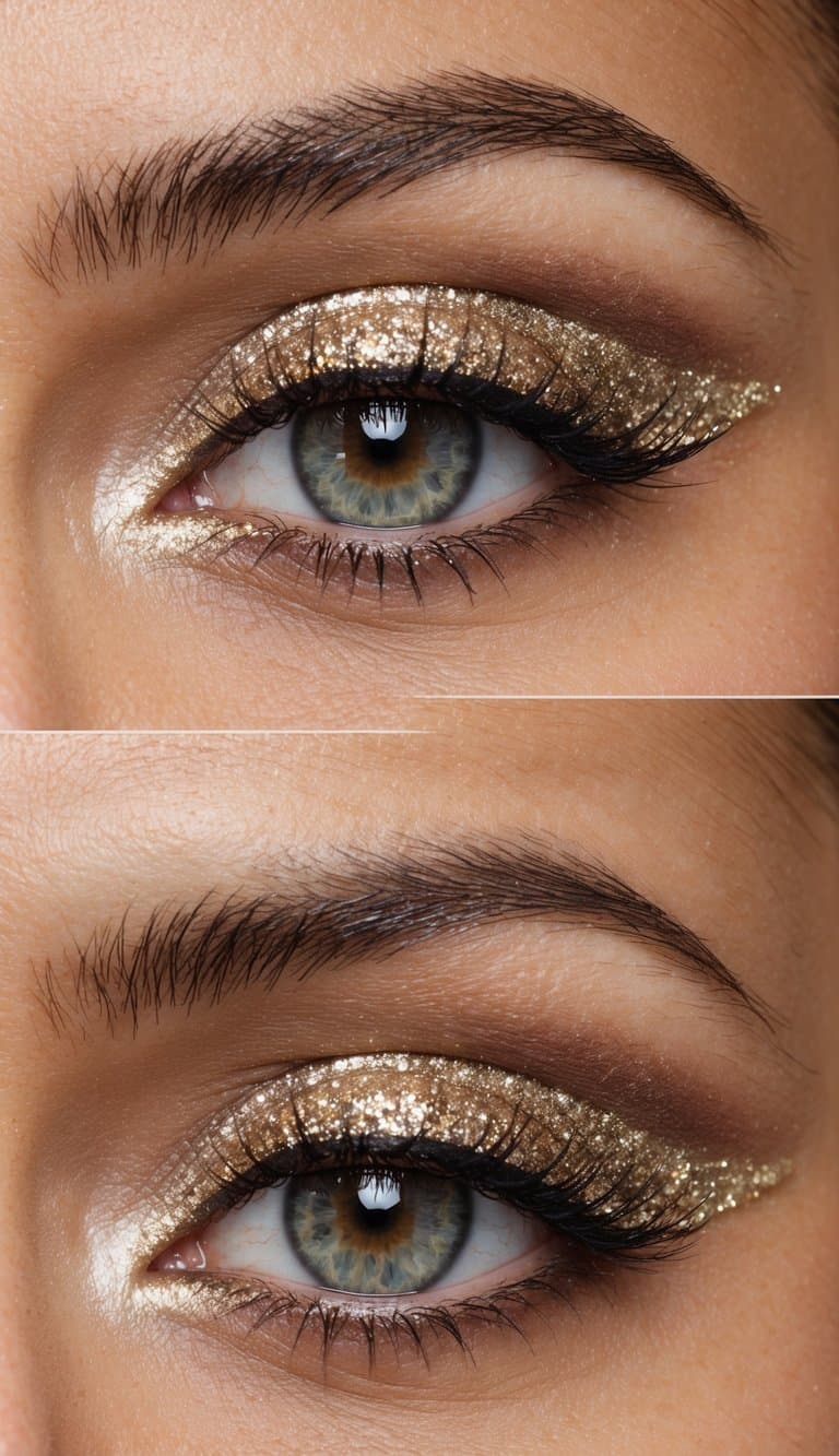 Shimmering champagne glitter lines the eye, creating a sophisticated evening makeup look