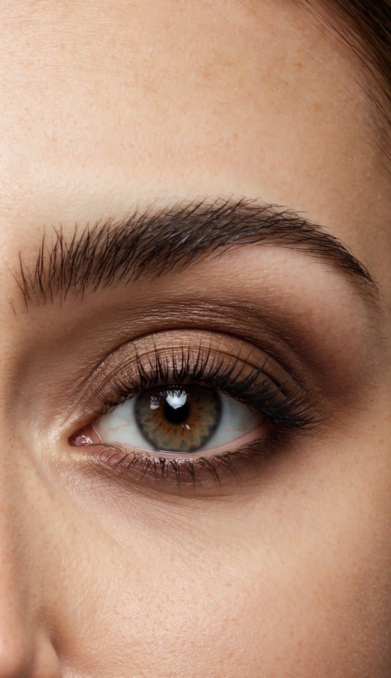 A close-up of an eye with a soft matte brown shadow and a defined crease, creating a sophisticated evening makeup look