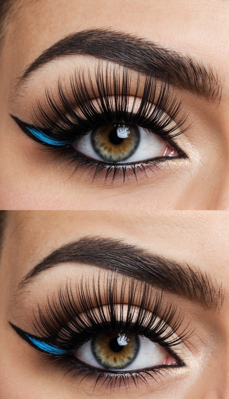 A pair of dramatic false lashes with winged eyeliner, creating a bold and attention-commanding eye makeup look