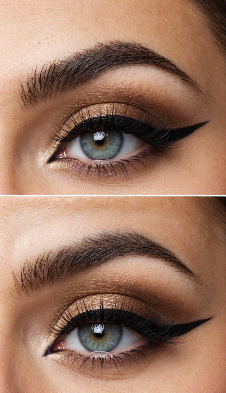 A close-up of a dramatic eye makeup look with brown liner smudged for a lifted appearance