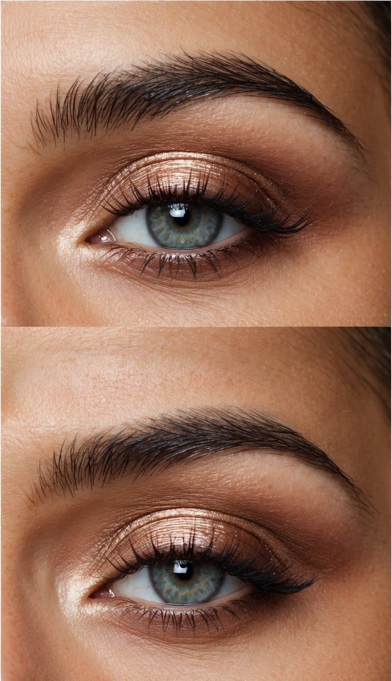 A close-up of a rosy brown eye shadow with a shimmering highlight, creating a sophisticated evening makeup look