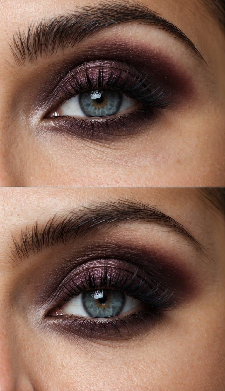 A close-up of a smoky, dark red wine eyeshadow blend on a sleek, sophisticated eye makeup look for an evening out
