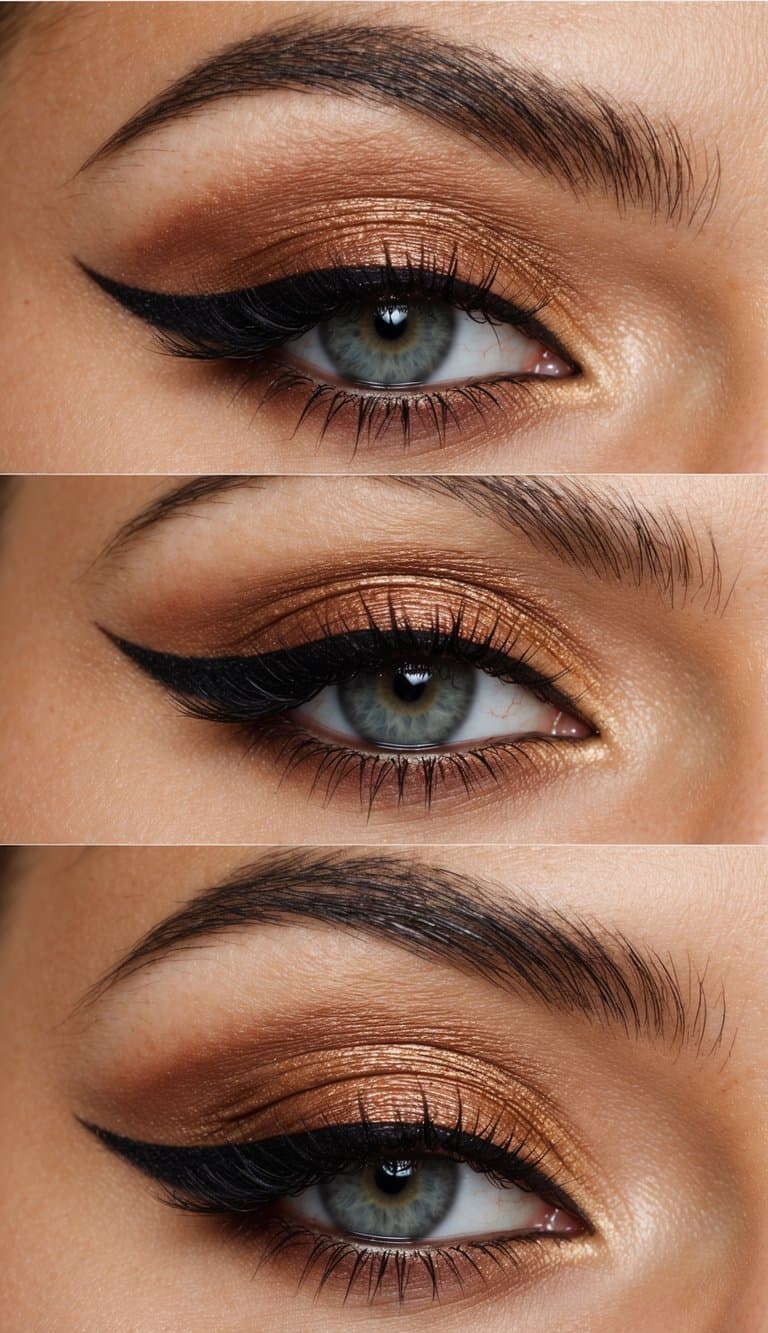 A close-up of a terracotta eyeshadow look with a smoky lash line, creating a sophisticated evening makeup look