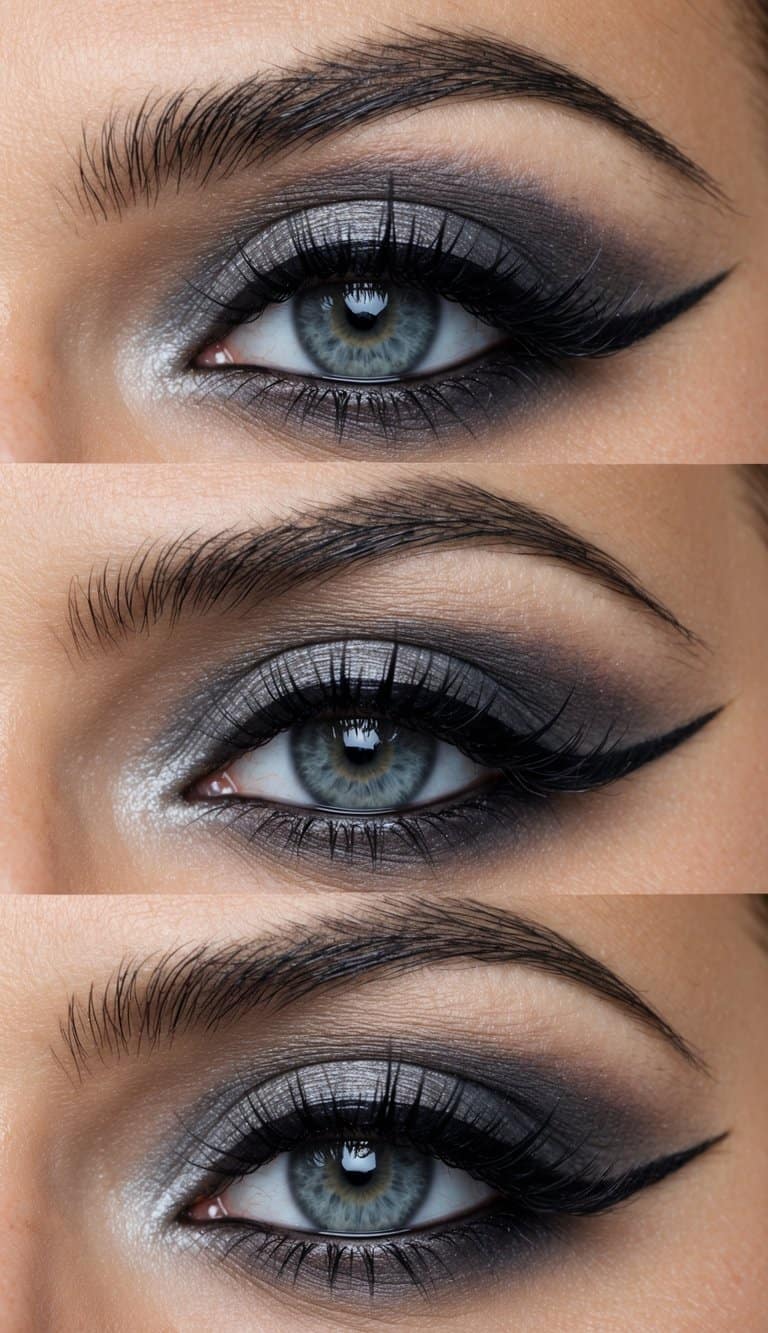 A smokey grey shadow with winged eyeliner, creating a sophisticated and alluring evening eye makeup look