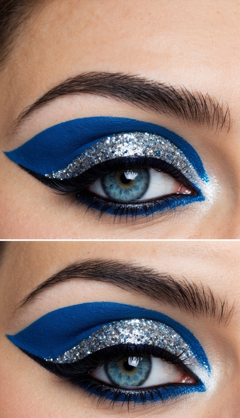 A sharp blue wing with silver glitter, creating a dramatic eye makeup look that commands attention