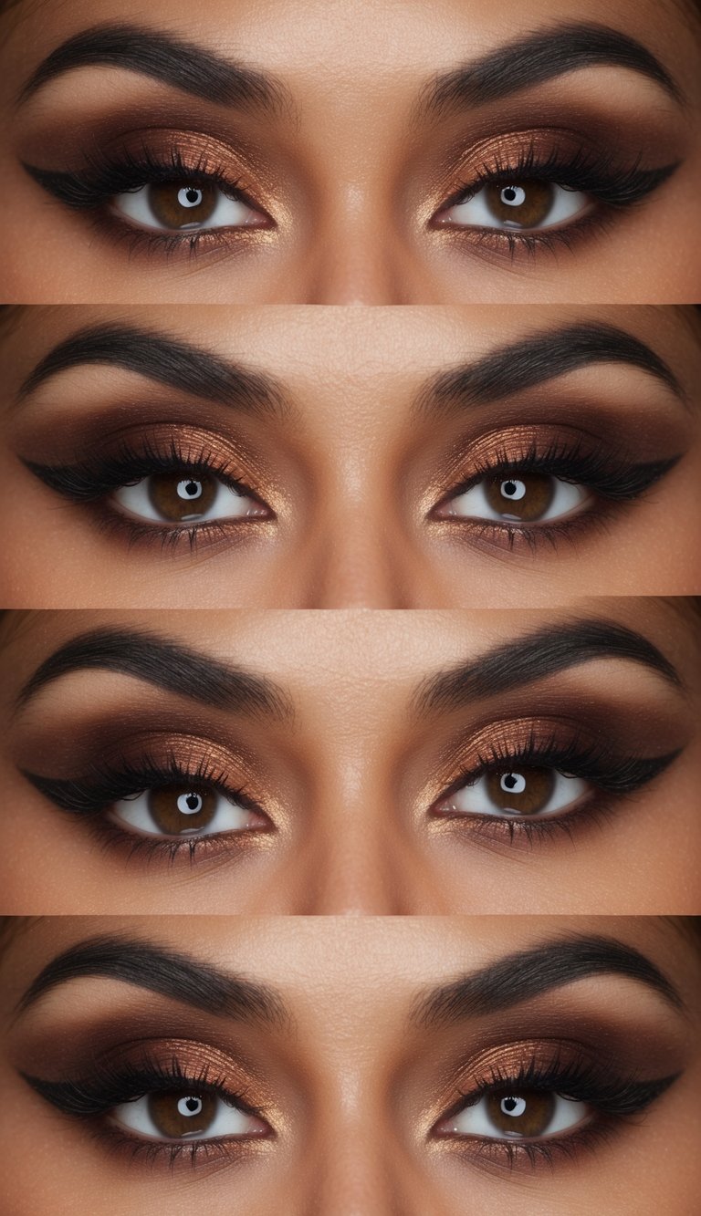 A close-up of a dramatic eye makeup look using warm chocolate tones, with a focus on the smokey eye technique