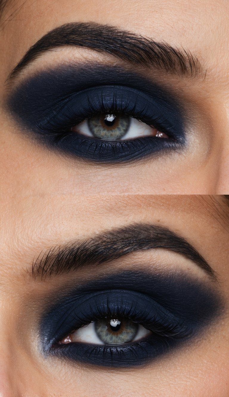 A close-up of a dark navy smokey eye with a matte finish, creating a dramatic and attention-commanding look
