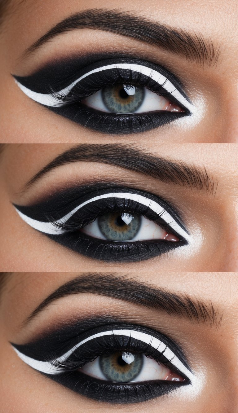 A close-up of a dramatic eye makeup look with bold white eyeliner over dark shadow