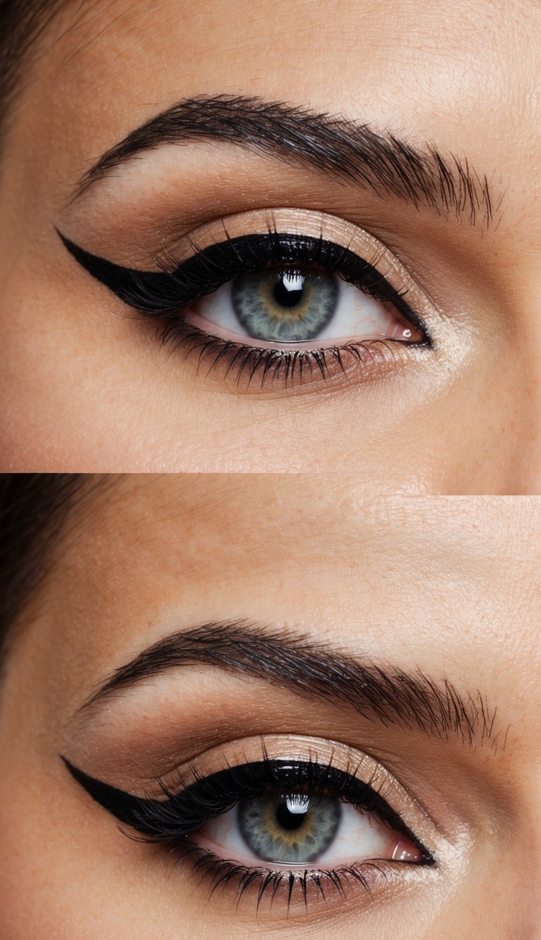 Glossy eyelids with bold black liner, creating a dramatic and attention-commanding eye makeup look
