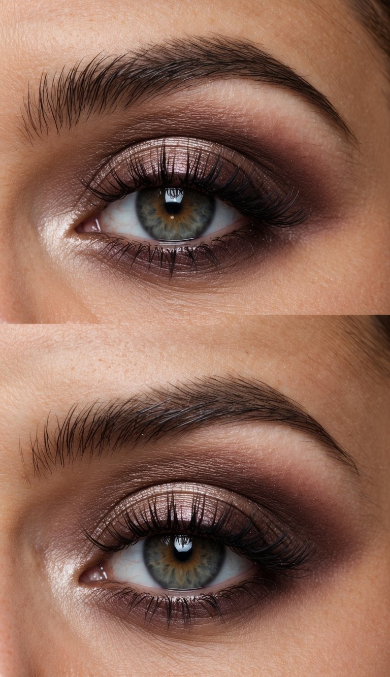 A soft mauve smokey eye with a metallic touch, dramatic and attention-commanding