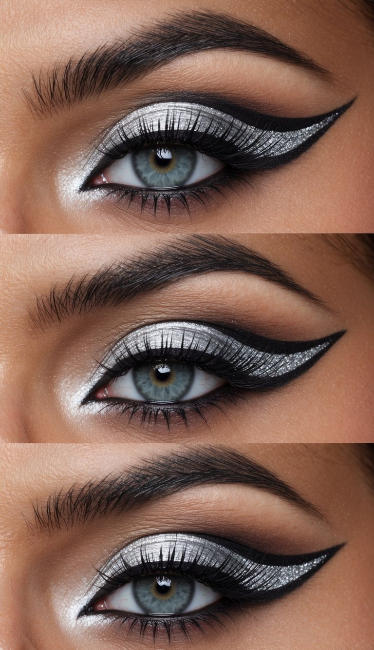 A dramatic eye with striking silver-winged liner, commanding attention