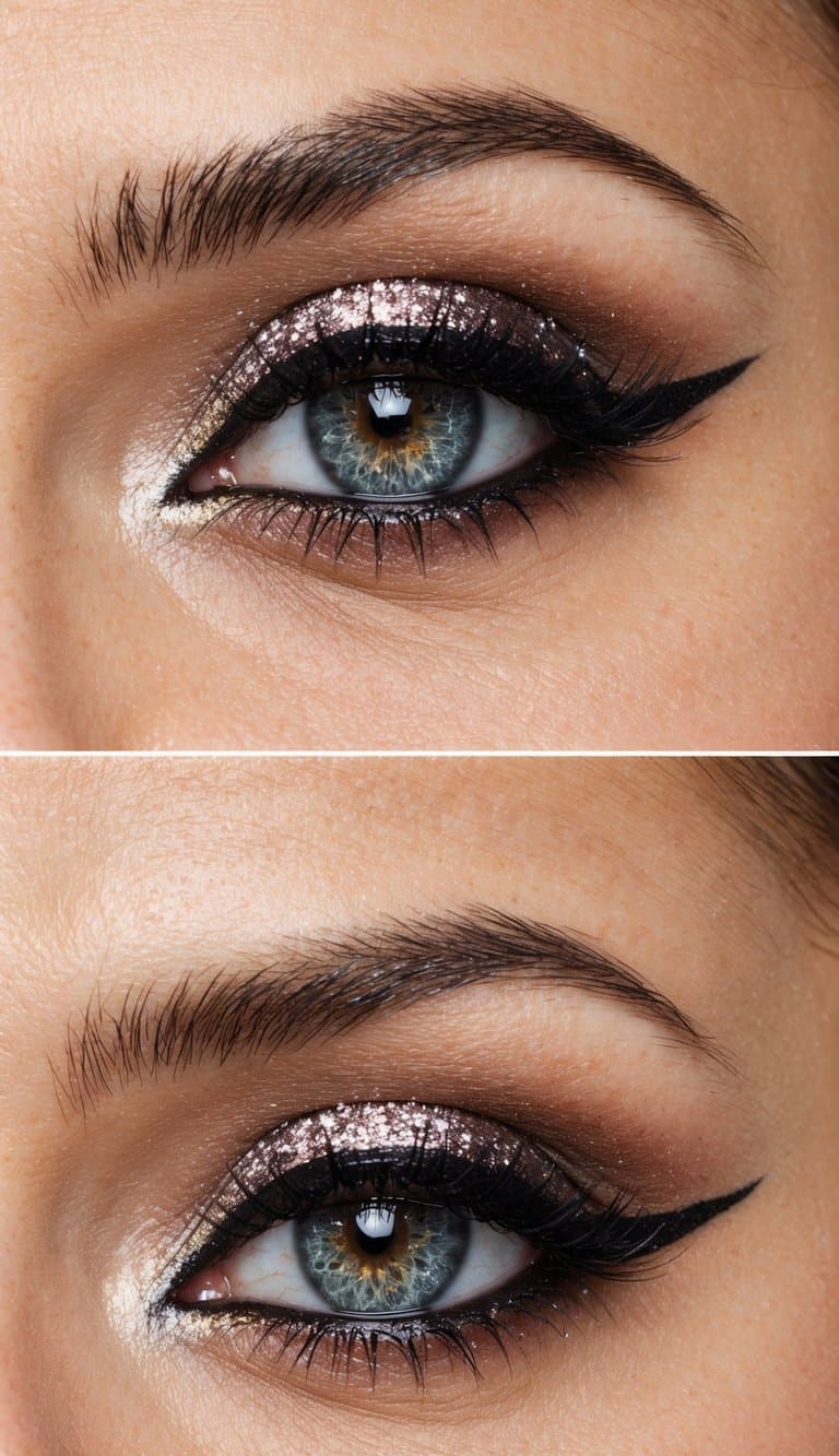 A close-up of a glittery cat-eye flick makeup look