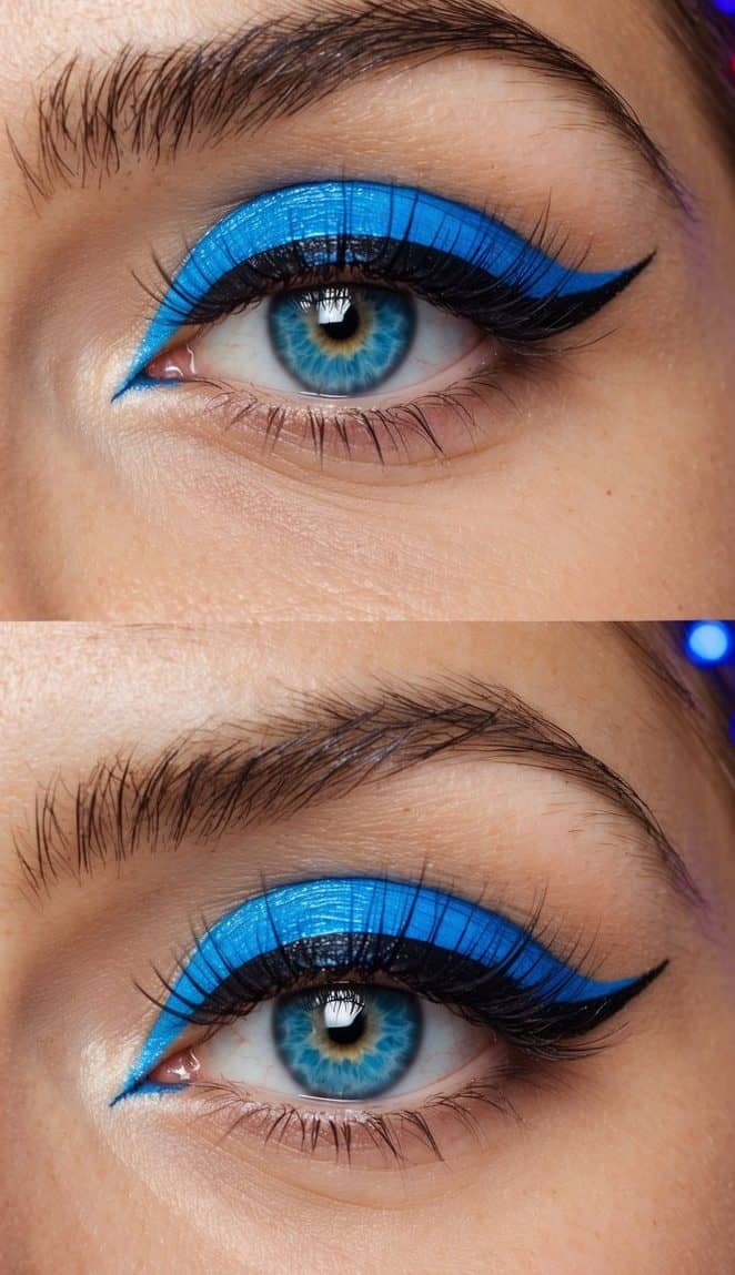 Electric blue winged liner on a pair of eyes, surrounded by vibrant festival lights and music vibes