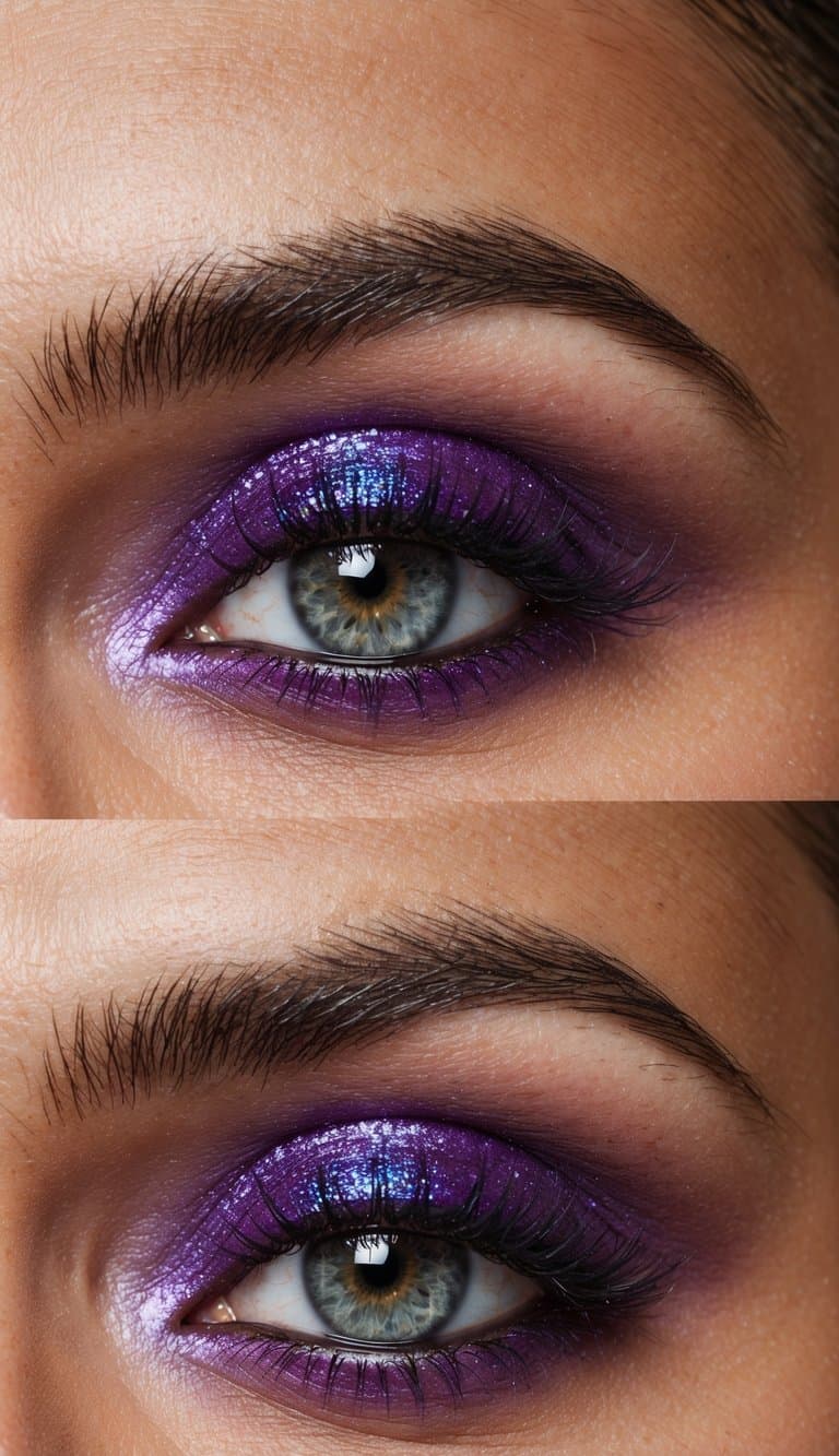 A vibrant purple eye with glittering shadows