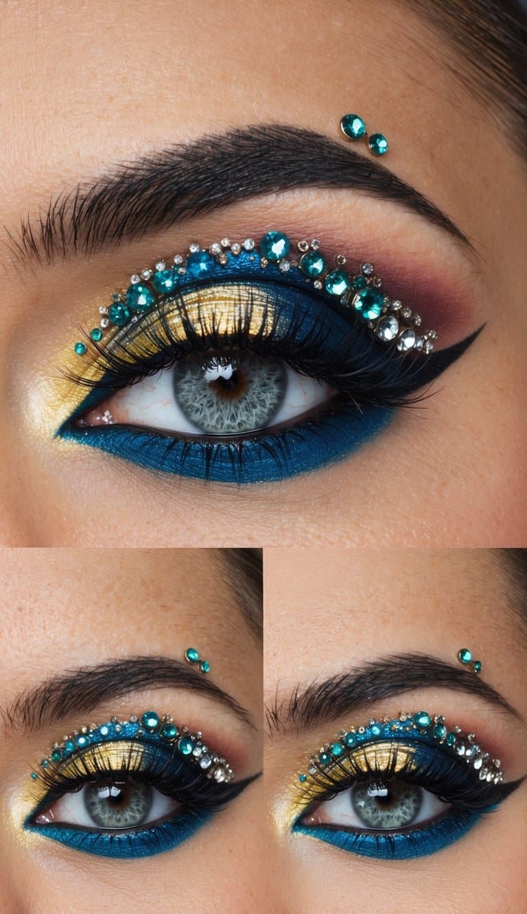 A bold and colorful cut crease eye makeup look with sparkling gem embellishments, perfect for concerts and festival vibes