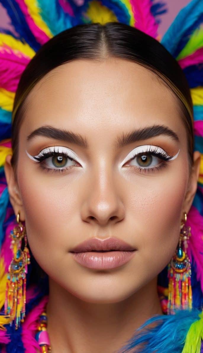 A close-up of an eye with white eyeliner on the waterline, surrounded by vibrant and colorful festival vibes