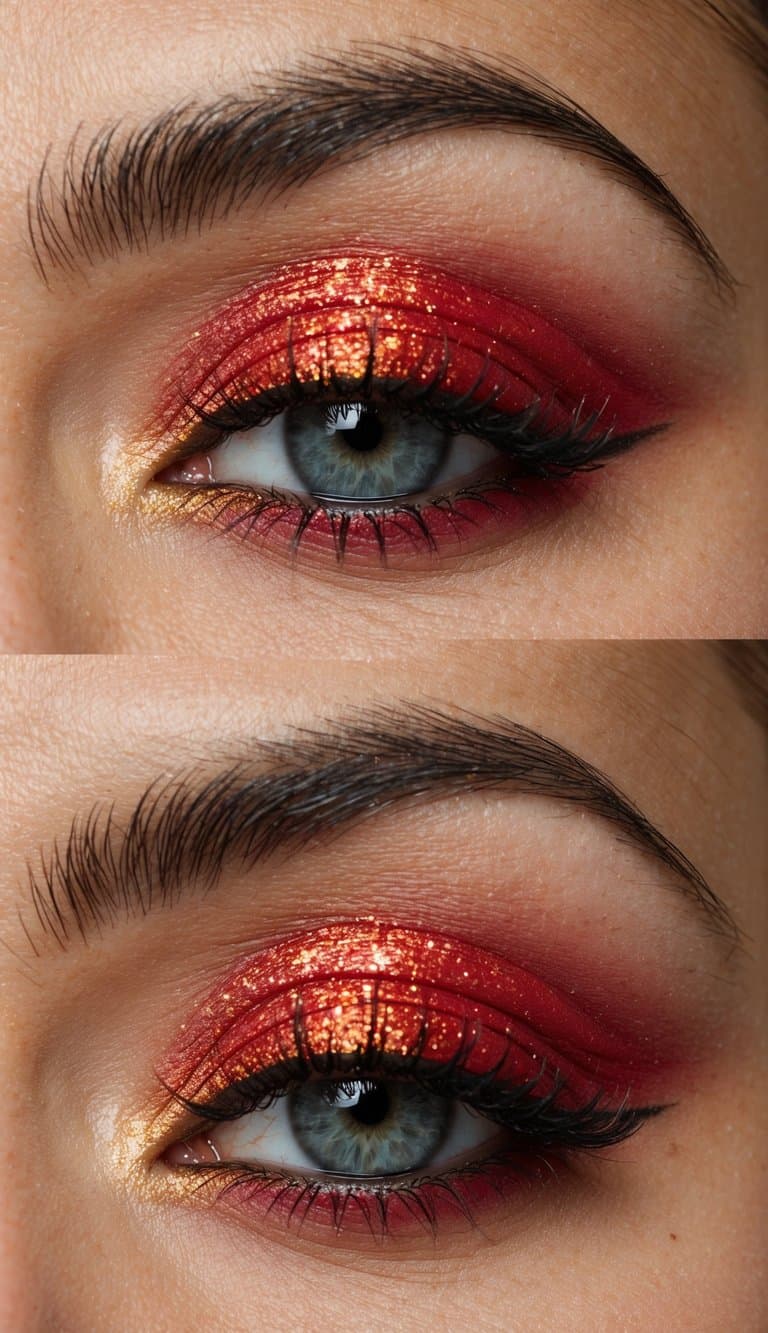 A close-up of a vibrant matte red eyeshadow with glitter, evoking a bold and edgy look perfect for concerts and festival vibes