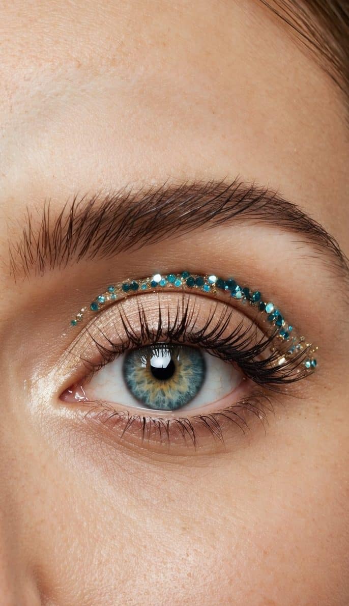 Close-up of an eye with sparkling blue glitter eyeliner on the upper eyelid and a detailed view of the iris and eyebrow.