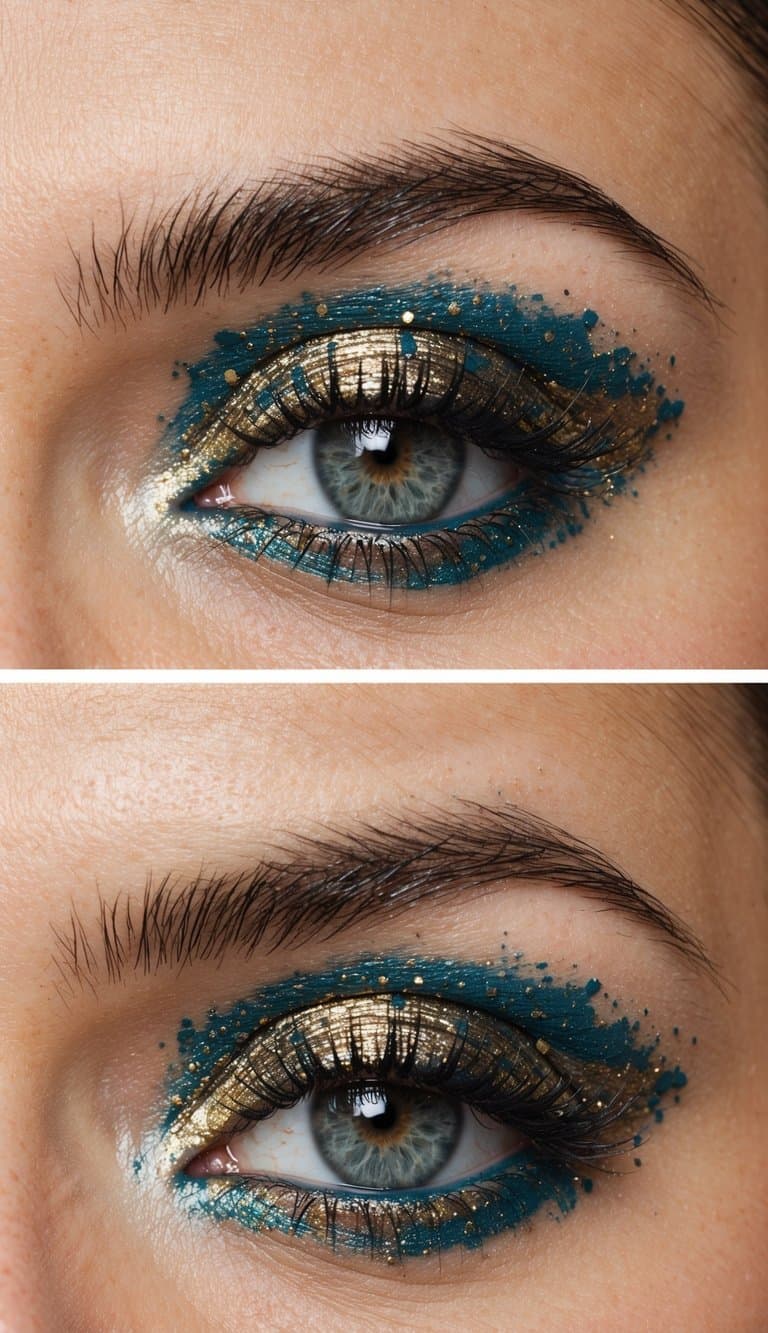 A close-up of an eye with vibrant metallic eyeshadow splattered in an artistic pattern