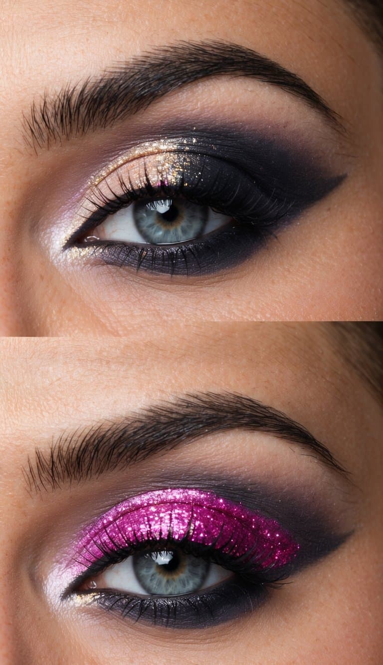 A shadow gradient of dark to light with a pop of pink glitter, creating a vibrant and eye-catching makeup look perfect for concerts and festival vibes