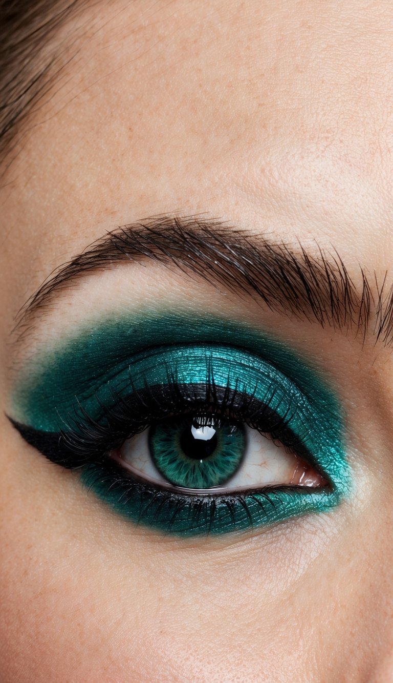 A close-up of an eye with emerald green eyeshadow and bold black eyeliner, creating a mysterious and edgy makeup look