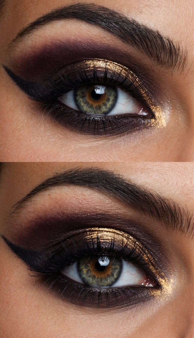 A close-up of a dark burgundy smoky eye with a gold highlight, exuding mystery and edge