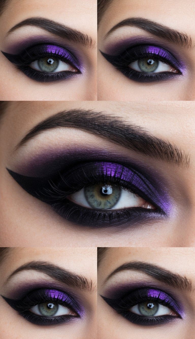 A bold black wing with a purple shadow, creating a mysterious and edgy dark eye makeup style