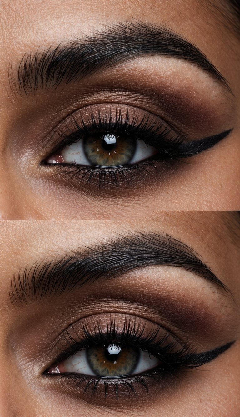 A close-up of intense cocoa eye makeup with a matte finish, exuding mystery and edge through bold and dramatic styling