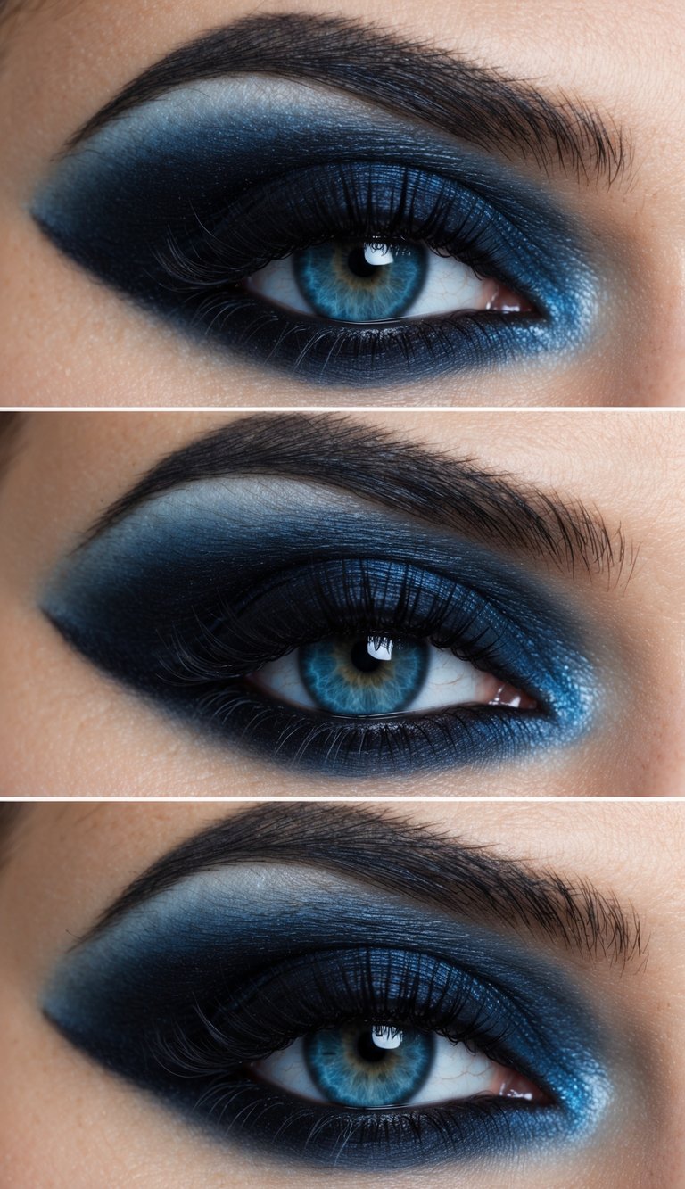 A close-up of a dark, smoky eye with blue and black tones, creating a mysterious and edgy makeup look